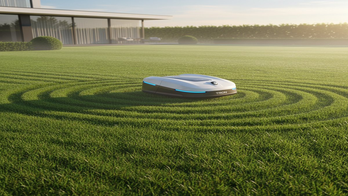 AI-generated illustration, not the actual product: Airseekers Tron: Robotic Mowers Grow Healthier, Greener Lawns
