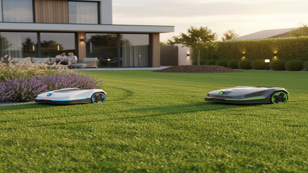 AI-generated illustration, not the actual product: Cutting-Edge Robot Mowers Bring Quiet Precision to Small Yards