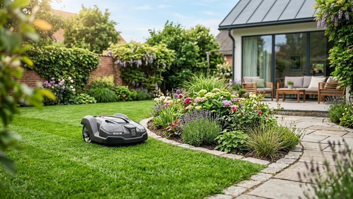 AI-generated illustration, not the actual product: Discover How Quiet Robot Mowers Transform Small Gardens