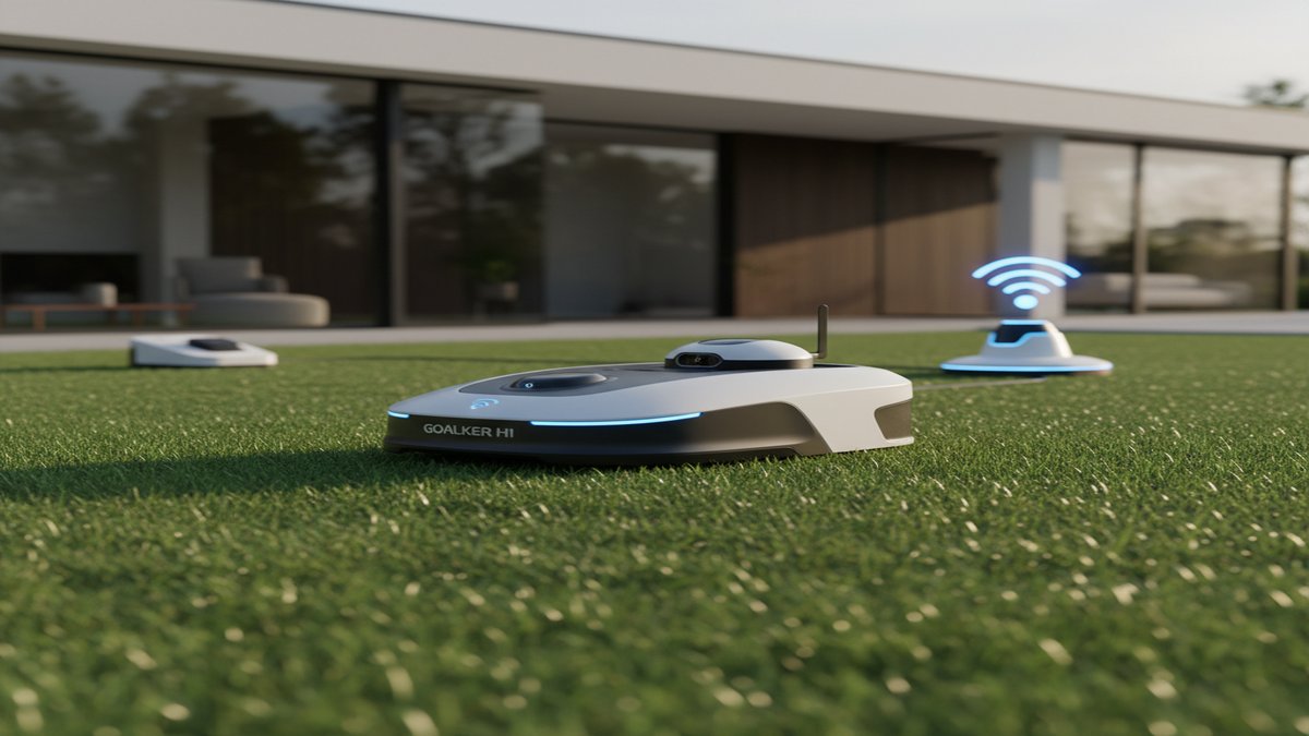 AI-generated illustration, not the actual product: Goalker H1 Unleashes Wireless RTK Precision for Effortless AI Lawn Care