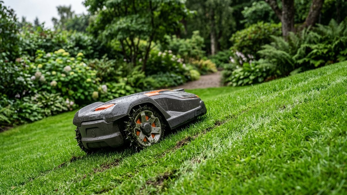 AI-generated illustration, not the actual product: Husqvarna Automower Traction Spikes: Conquer Slopes & Wet Grass