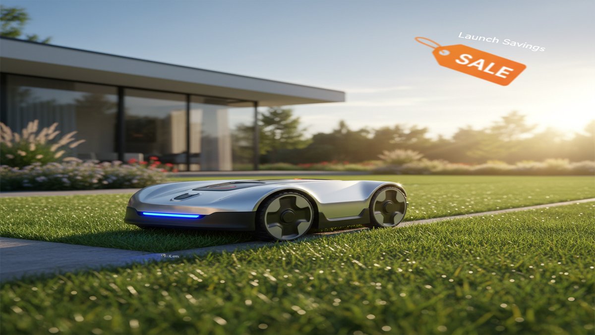 AI-generated illustration, not the actual product: New Robot Mower Cuts 1cm Edges: Precision Meets Launch Savings