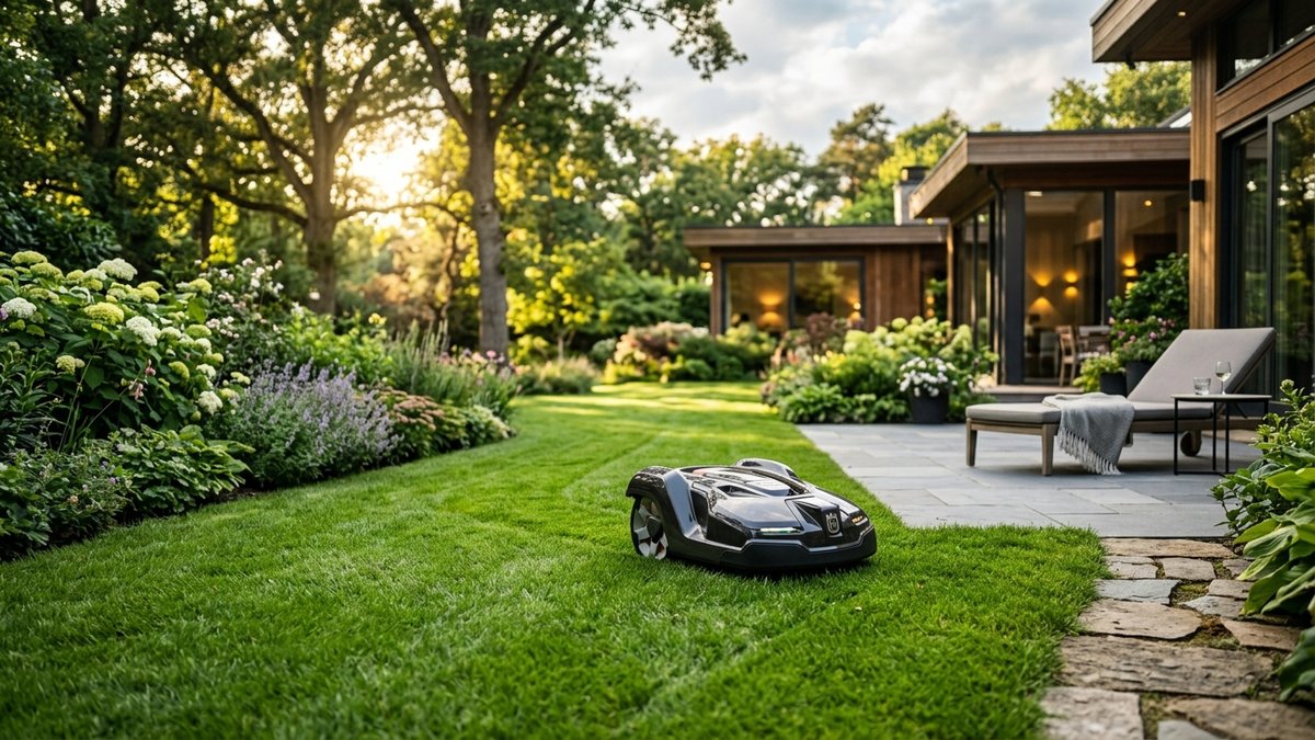 AI-generated illustration, not the actual product: Robotic Mowers Bring Autonomous Lawn Care to Your Backyard Now