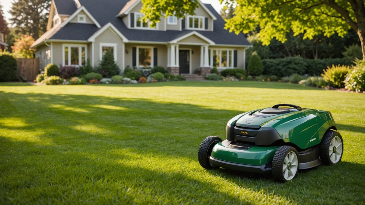 AI-generated illustration, not the actual product: Basic Tutorials review: MOVA ViAX 500 – AI Robot Mower for 500 m² Gardens