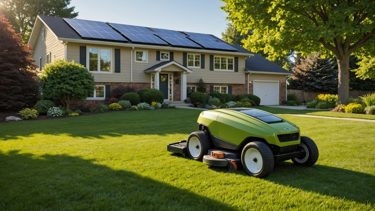 AI-generated illustration, not the actual product: Solar Charging for Robot Mowers: The Next Frontier for Green Landscaping?